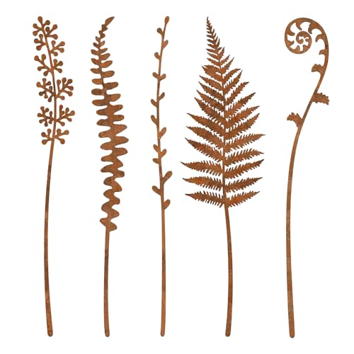 Dekorative Gartenstäbe, Tolle Gartendeko Aus Rost Metall, 5 Stück Rostiger Gartenstab, Gartenstecker Aus Metall, Vintage Deko Mit Farn Und Blumenmotiv Wetterfeste Rasenfigur Für Pflanzkübel