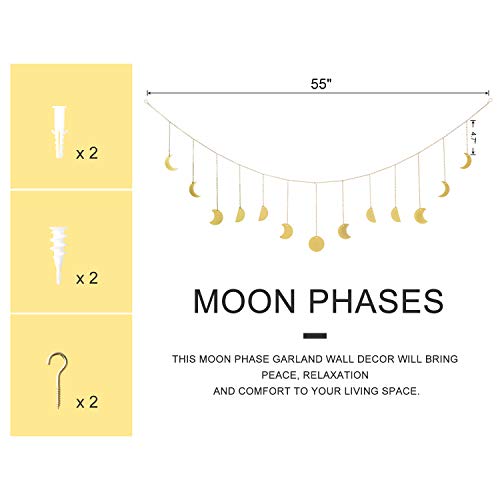 Dahey Moon Phase Wall Hanging Boho Decor Gold Metal Bohemian Garland Wall Art Moon Cycle Home Decoration For Bedroom, Living Room, Apartment Or Dorm, 55" #TOP3