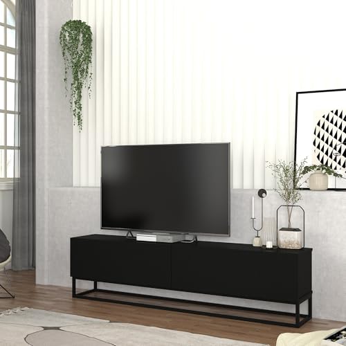 [en.casa] TV Schrank Nolven Lowboard mit 2 Türen Fernsehschrank langes Gestell aus Metall 180 x 32 x 47 cm Sideboard Kommode Fernsehtisch Schwarz