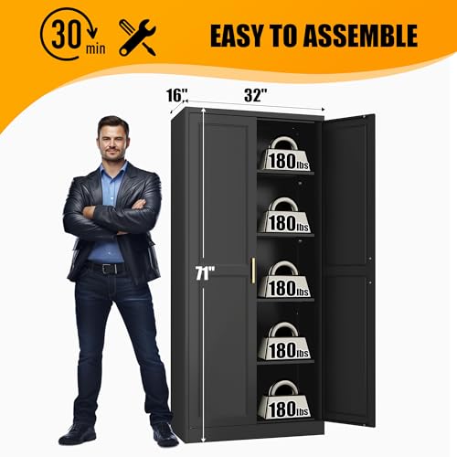 71-Tall-Kitchen-Storage-Cabinet-with-Gold-Handles-Metal-Pantry-Cabinets-with-2-Doors-Food-Pantry-Adjustable-Shelves-Black-Freestanding-Pantry-Cupboard-for-Dining-Room-Kitchen-Assembly-Required 71 Tall Kitchen Storage Cabinet with Gold Handles Metal Pantry Cabinets with 2 Doors Food Pantry Adjustable Shelves Black Freestanding Pantry Cupboard for Dining Room Kitchen Assembly Required