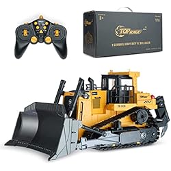 Top Race Vehículo de construcción de bulldozer a control remoto con luces y sonido realista, tractor RC de 9 canales de 2.4 GHz, cargador frontal funcional completo 1:16 para niños de 8 años en