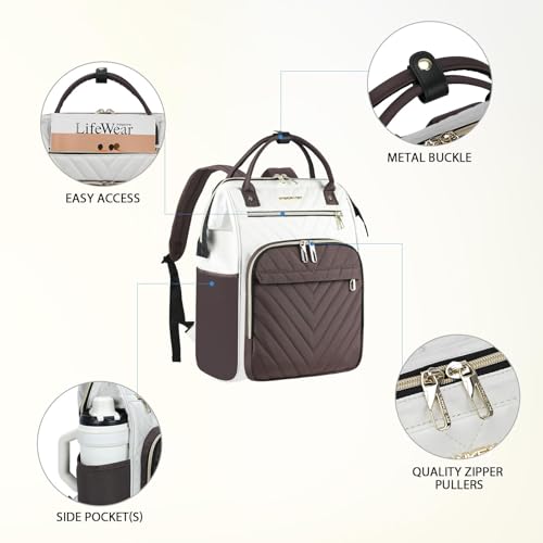 Image of VANKEAN 15.6 Inch Laptop Backpack for Women Fashion Computer Work Bag, Large Capacity Waterproof Backpack, College Daypack Business Travel, (Beige-Coffee, 15.6 Inch)