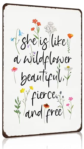 Image of Wildflower Gifts for Women Vintage Wildflower Inspired Sign She Is Like A Wildflower Beautiful Fierce And Free Rustic Tin Sign for Home Bedroom Office She Shed Entryway Decor 8x12 Inch (3168)