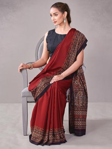 Image of Satrani Women's Crepe Printed Saree with Unstitched Blouse Piece