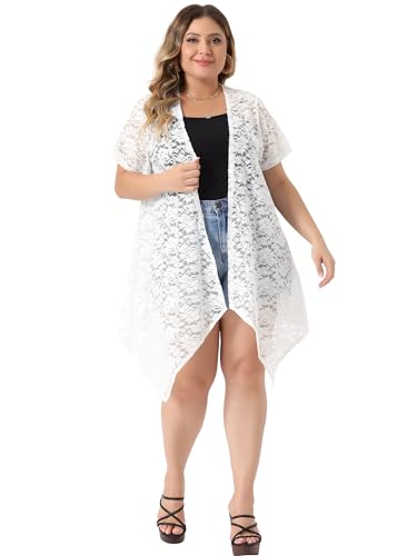Image of Agnes Orinda Plus Size Lace Crochet Cardigan for Women Open Front Short Sleeves Sheer Cover Up Jacket