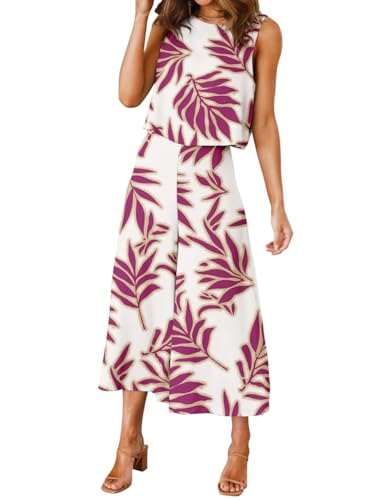 ROYLAMP Women's Summer 2 Piece Outfits Round Neck Crop Basic Top Cropped Wide Leg Pants Set Jumpsuits