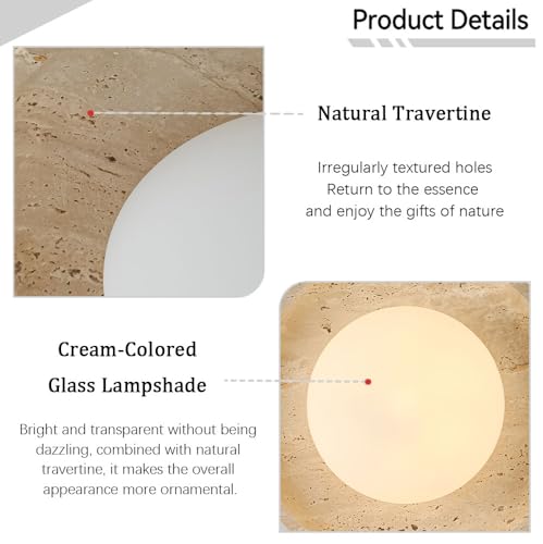 WOSBO Yellow Travertine Ceiling Light, 9.8" Wabi Sabi Light Fixture with Round Stone Base & Milk Glass Lampshade, Mid Century Flush Mount Ceiling Light for Bedroom Living Room Kitchen Island Hallway by WOSBO - Used condition - Image 8