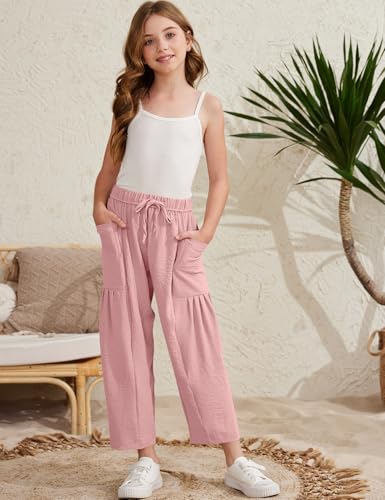 Image of COZYPOIN Girl's Wide Leg Pants Elastic Waist Loose Fit Flowy Casual Beach Palazzo Harem Trousers with Pockets 5-14 Y(DarkPink-L)