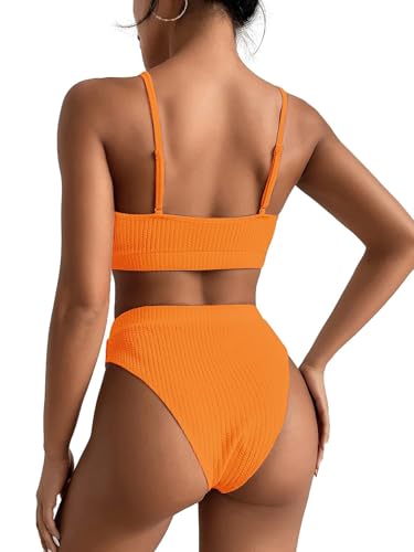 Image of Lilosy High Waisted Tummy Control Ribbed Bikini Crop Top Brazilian Swimsuit Set 2 Piece