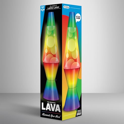 LAVA® - Lava Lampe Regenbogen 2513, handbemalte dreifarbige Form, weißes Wachs, klare Flüssigkeit, dekorativer Sockel und Deckel, Original 14,5 Zoll Bewegungslampe der Marke LAVA®