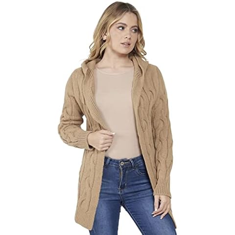 NetSetUK CAMEL-14 | Women Chunky Knitted Oversized Long Hooded Chunky Jumper Top Coat Cardigan Cover