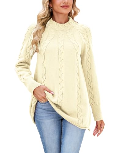 Famulily Chunky Kabel Strick Pullover für Frauen Damen Langarm Mock Neck Winter Pullover Top (S, Beige)