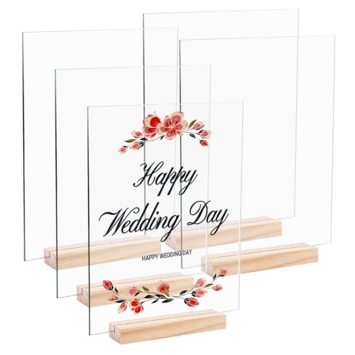 Image of Bercoor 5 Pack 8x10 Inch Blank Clear Acrylic Sign with Wooden Stands, Rectangle Top Acrylic Sheet, DIY Acrylic Rectangle Table Numbers for DIY Name Card Gifts Event Party Sign Decoration