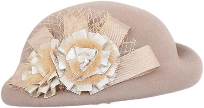 JSEIAJB Women Winter Vintage Felt Cloche Hat with Flower Up Turn Ladies Beret(E)