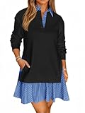 Wenrine Womens Oversized Sweatshirt Dress Casual Long Sleeve Collared V Neck Patchwork Loose Mini Dresses Black