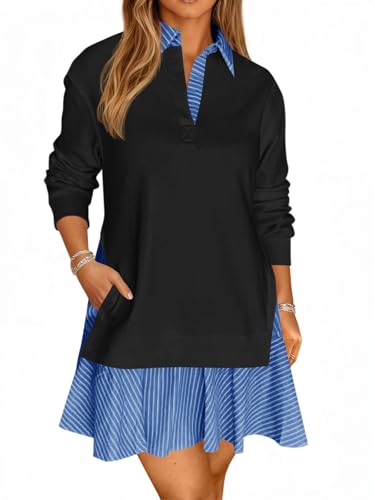 Wenrine Womens Oversized Sweatshirt Dress Casual Long Sleeve Collared V Neck Patchwork Loose Mini Dresses