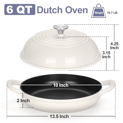 TeamFar Cast Iron Bread Dutch Oven, 6 Qt Enameled Dutch Oven Pot for Sourdough Bread Baking, with Tall Dome Lid & Round Base Pan, Self-Basting & Even-Heating, Heavy-Duty & Non-stick, White by TeamFar - Used condition - Image 2