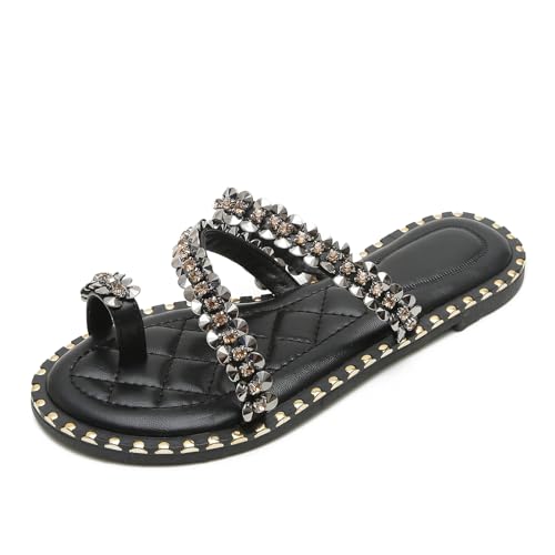 Sandales plates femme à strass : Confort thermique et marche sécurisée semelle caoutchouc