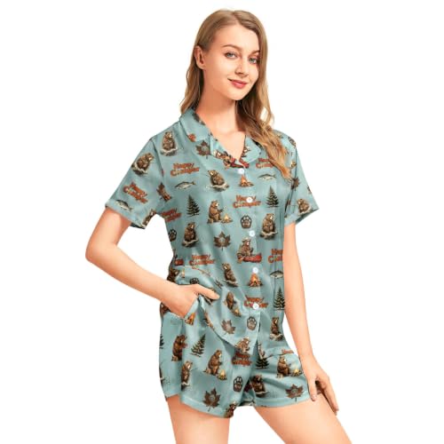 Image of Funny Satin Pajamas Set for Women Button Down Sleepwear Print Pjs Set 2 Piece Short Sleeve Loungewear Gift for Women