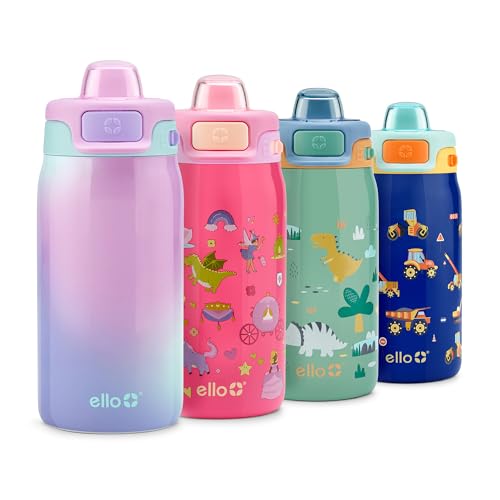 Ello Pop & Fill 12oz Stainless Steel Kids Water Bottle with Quick Fill Lid | Vacuum Insulated BPA Free Bottle with Leak Proof Straw and Chug Lid, Dishwasher Safe, Gift For Kids, Purple Watercolor