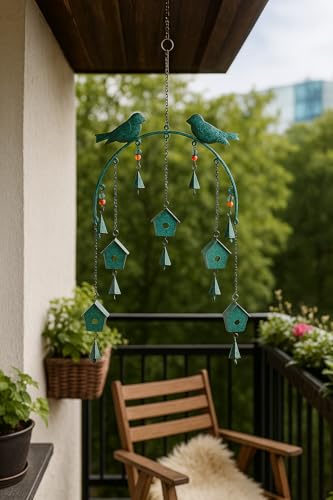 Image of DULI Metal Windchime Wall Hanging, Feng Shui, Wall Art, Wall Decor, PositiveVibes, Rustic Wall Hangings, Wall Art, Diwali Decor, Home Decor, Positive Vibes (MetalBirdhouse-Rustic Green)