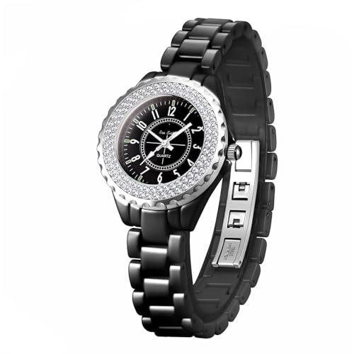 Mesuaeso Reloj Digital Reloj de Estudiante con Diamantes de imitación, de Cuarzo, Resistente al Agua, con Pulsera de cerámica Blanca y Negra, for Mujer. Relojes(Noir)