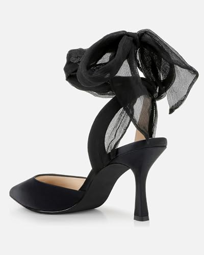 Image of Womens Lace up Satin Heels Bow Pointed Closed Toe Bridal Dress Shoes Low Heel Wedding Elegant Pumps