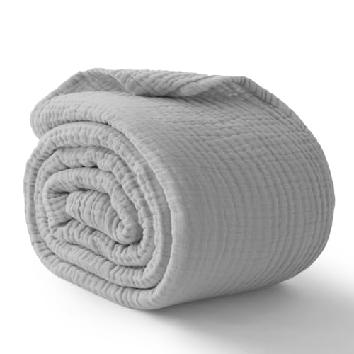 Image of 100% Cotton Muslin Blanket Queen 90 inch x 90 inch, Breathable and Lightweight Cotton Throw Blanket for Bed, Soft Cooling Summer Gauze Blanket for Adults All Season, Light Grey
