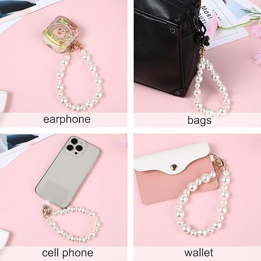 Image of KHOLAD White Bow Phone Chain Crossbody Pearl Strap | 2in1 Wrist & Shouler Crossbody Lanyard | Pearl Beads Charms Chain with Phone Tether Patches | Compatible with Most Phones, Bag, Purse