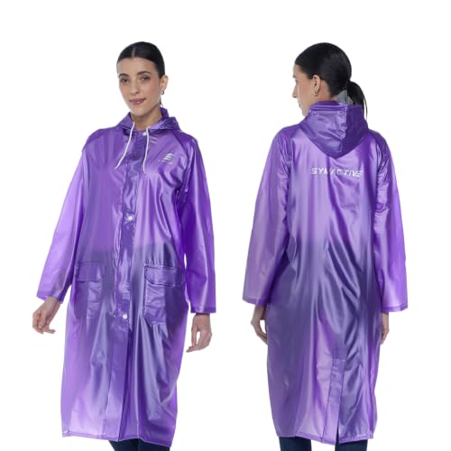 Image of Amazon Brand - Symactive Women's Raincoat | Waterproof Lightweight One Piece PVC Long Coat with Hood | Snap Buttons | Side Pocket | Drawstring Hood | Purple, M
