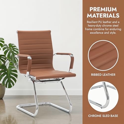 Image of HNY Leather Office Guest & Reception Chairs Set of 2, Modern Waiting Room Chairs with Arms, Desk Chair no Wheels with Sled Base for Conference Room, Coffee