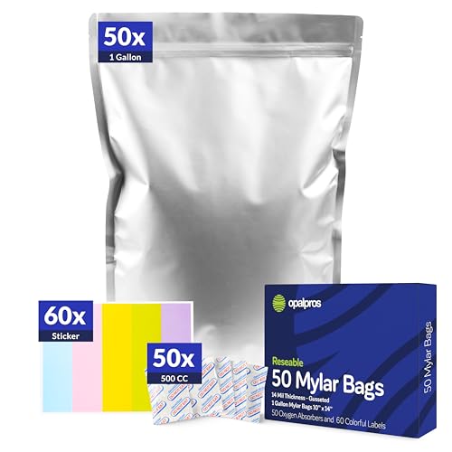 50-Pack 14 Mil Mylar Bags with Oxygen Absorbers Gusseted 1 Gallon with 500cc OA - Resealable Mylar Bags for Food Storage with Colourful labels