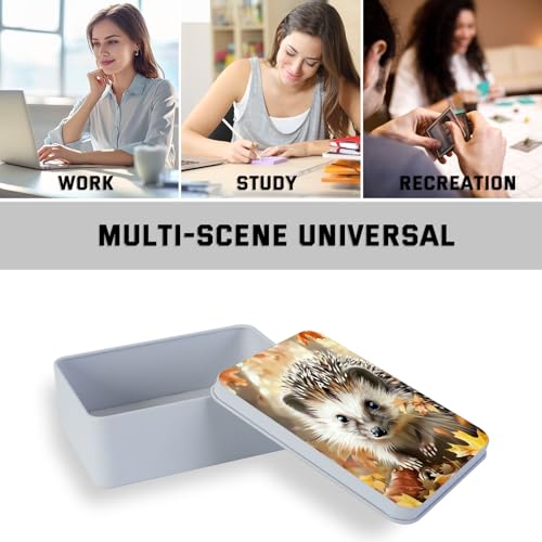 Image of Metal Tin Box with Lid,Multi-functional Storage Large Box Can Store Tea Biscuits Game Cards, Playing & Tarot Cards-Comes with 4 Magnetic Cord Clips,Hedgehog in Autumn Leaves