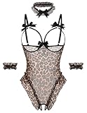 Avidlove Womens Lingerie Bodysuit 4 Piece Set Sheer Mesh Teddy Babydoll with Detachable Collar and Wrist Cuffs