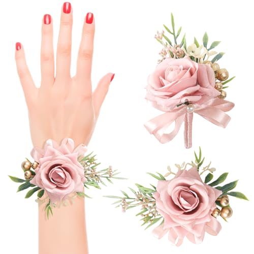 AEDOVE 2 Pcs Pink Rose Wrist Corsage and Boutonniere Set, Rose Corsage Hand for Women, Boutonniere for Men Wedding Artificial Flowers Accessories Prom Decor, Wedding Party Accessories (Pink)