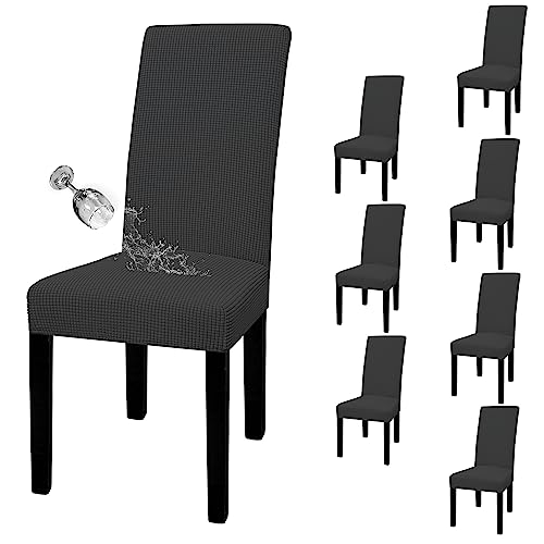 Easy-Going 100% Waterproof Dining Room Chair Cover Set of 8, Stretch Jacquard Parson Chair Slipcover Removable Washable Chair Protector for Home, Restaurant, Banquet (Large, Dark Gray)