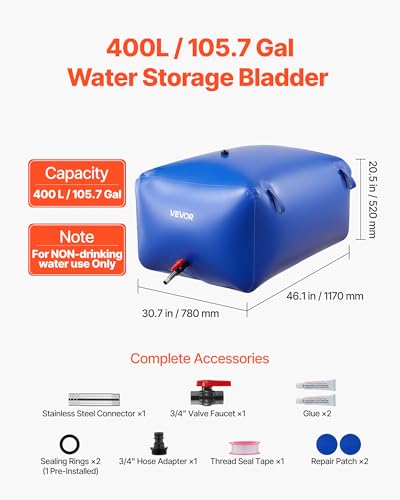 Image of VEVOR Water Storage Bladder 105.7 Gallon Large Capacity Water Bag, Portable & Collapsible Soft Waters Container, Leakproof & Tear-Resistant PVC Emergency Waters Storage Tank for RV Truck & Outdoor Use