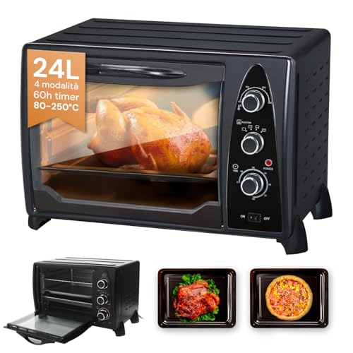 Horno eléctrico con 4 posiciones de calor – Termostato regulable para cocinar y calentar, 44 x 29 x 30 cm, 24 L, 1380 W, color negro
