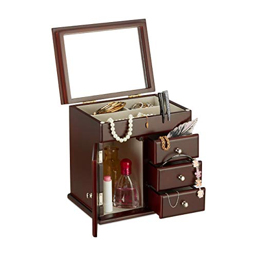 Relaxdays Wooden Jewellery Box with Mirror, Jewelry Chest, for Necklaces, Armoire, HxWxD: 10x18.5x13 cm, Brown, 17 x 22 x 22.5 cm