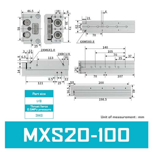 Guidage pneumatique MXS20 double tige alésage 20mm course 10mm à 150mm - 3