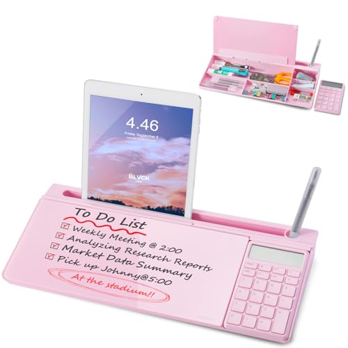 Image of Small Glass Desktop Whiteboard Dry-Erase-Board - Computer Keyboard Stand with Calculator White Board Surface Pad with Drawer, Desk Organizers with Accessories for Office, Home, School Supplies - Pink