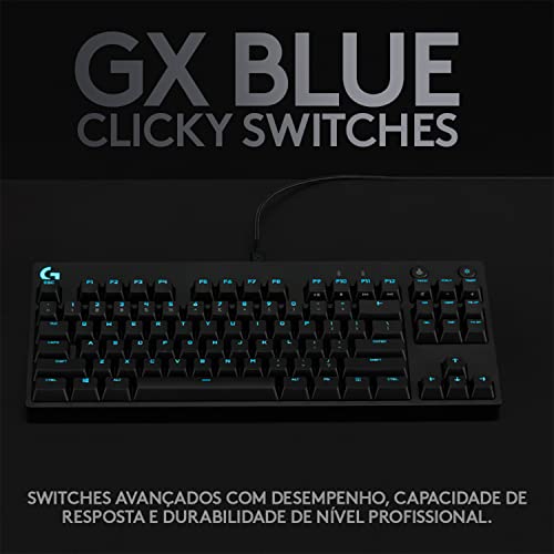 Teclado Mecânico Gamer Logitech G PRO com Layout US, RGB LIGHTSYNC, Design TKL, Cabo Destacável e Switch Exclusivo GX Blue Clicky glide