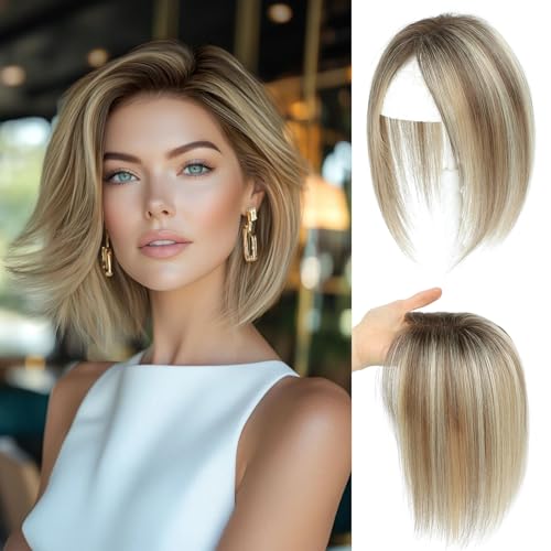 BUTYWAY Hair Toppers for Women Real Human Hair 10Inch Human Hair Topper 7x10CM Swiss Base Middle Part Clip in Topper Hairr Pieces for Women Ombre Light Brown with Blond