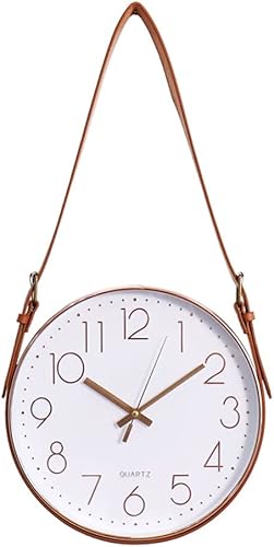 Reloj de pared colgante con cinturón de cuero, reloj de pared de cuarzo silencioso, moderno, decorativo, sin tictac, sala de estar, oficina (color