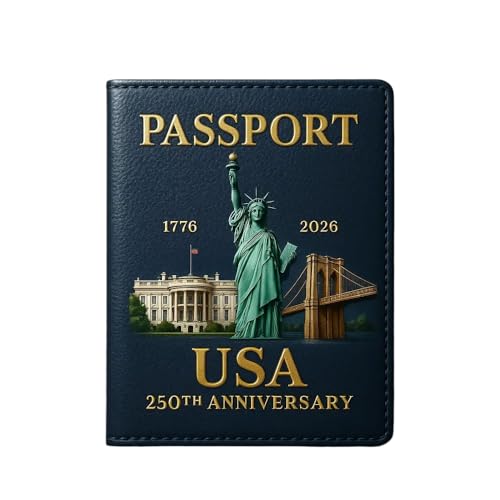 United States 250th Anniversary Passport Holder, Travel Passport Holder Wallet, Waterproof Leather Passport Book Protector with Statue of Liberty& Pen Holder, Travel Must Haves Accessories