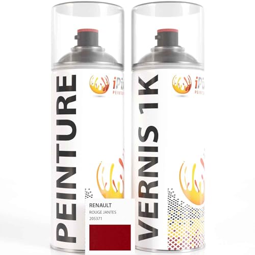 ipixline Kit Retouche Peinture Carrosserie Voiture - Bombe Aérosol Peinture Auto 400 ml, Vernis Brillant 1k 400 ml - Compatible avec Renault - Rouge Jantes...