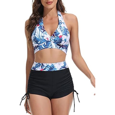Womens Bikini Sets Halter High Waisted Push Up Swimsuit Top Two Piece for Teen Girls Blue-White L Cover