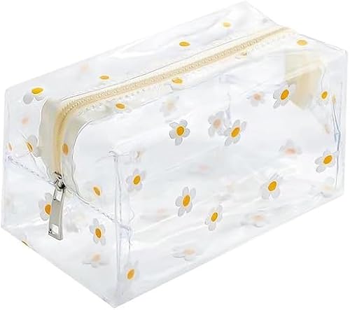 Daisy Print Clear PVC Travel Makeup Bag, TSA Approved Waterproof Zipper Toiletry Organizer Pouch for Cosmetics