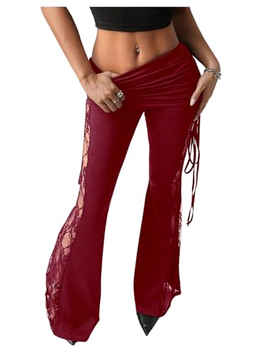 Verdusa Women's Lace Pants Fold Over Flare Leggings Bell Bottoms Rave Outfits Going Out Burgundy Solid Small