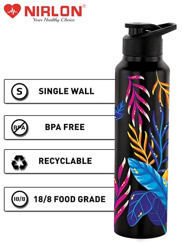 Image of NIRLON Classic Flip UV Printed Single Wall Stainless Steel Sipper Cap Water Bottle 1000ml |Fridge Water Bottle| Office Bottle|Gym Bottle|School Bottle|Treking Bottle|Travel Bottle (Lucid Black)